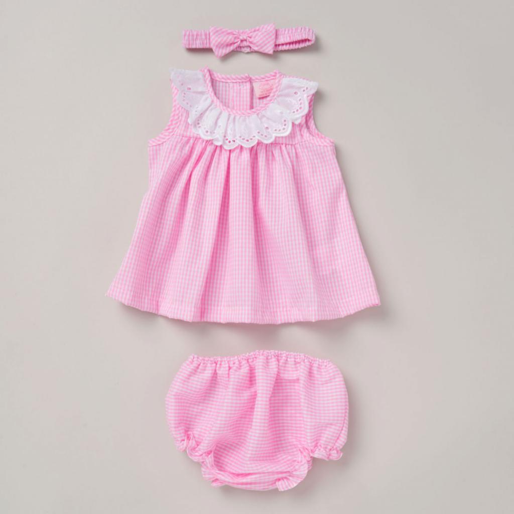 Pink checked summer dress with bow and pants