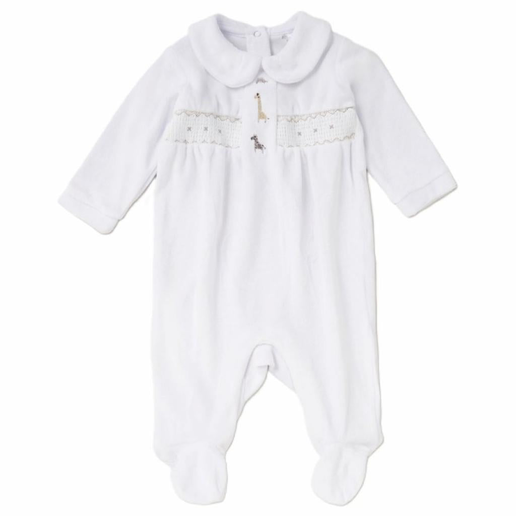 White Velour Babygrow with Giraffes