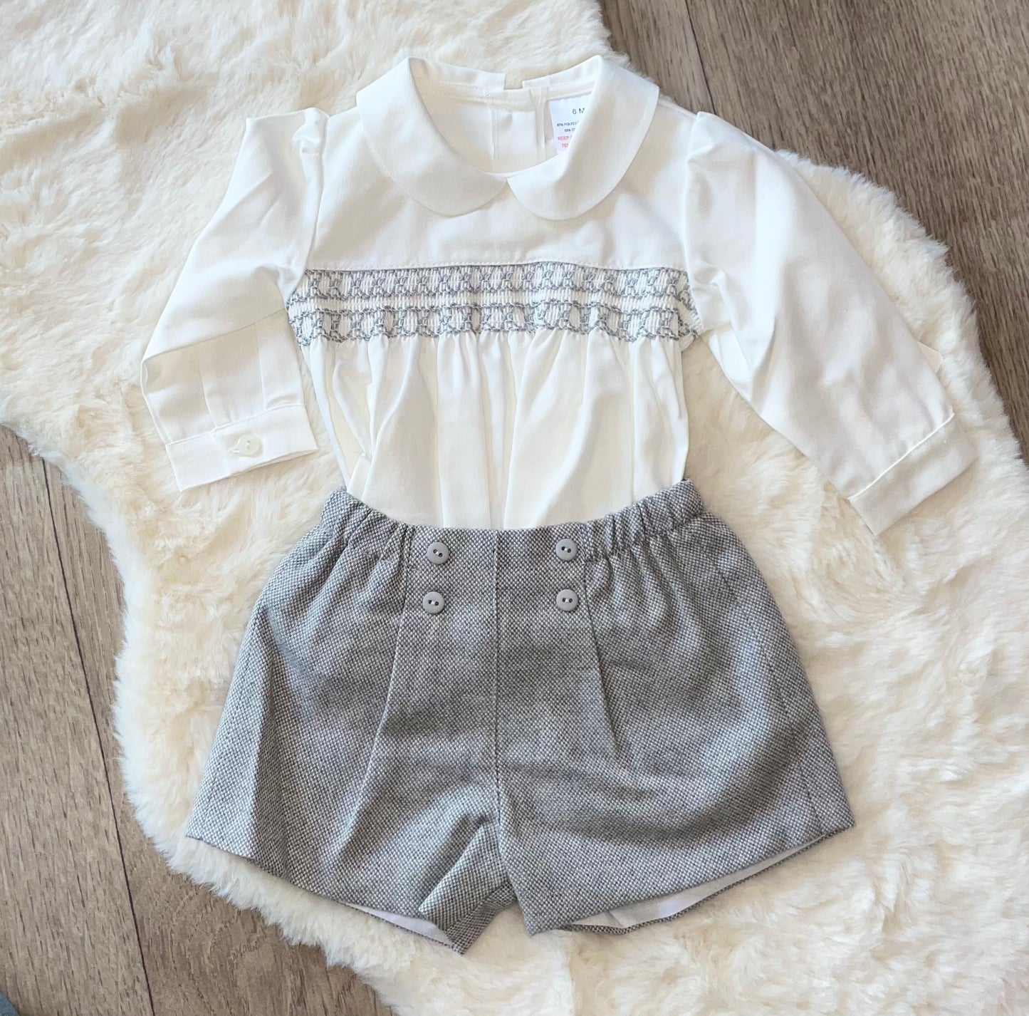 Grey and White Smocked Short Set